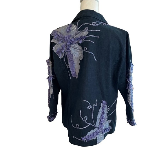 Bleu Bayou Dark Blue Embellished Open Jacket with Flower Appliques Art to Wear L - Picture 5 of 12